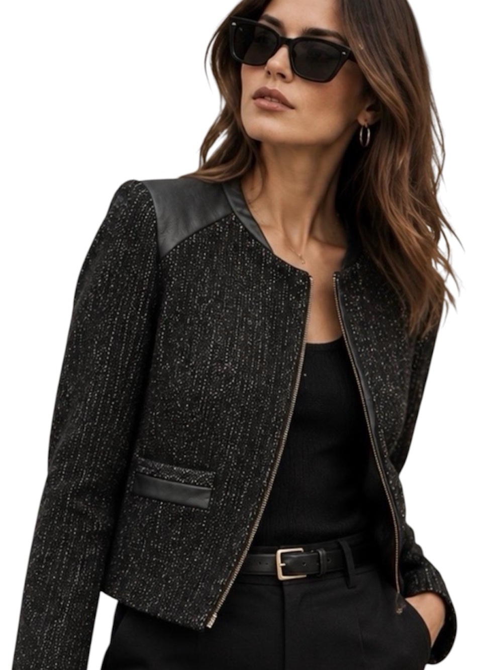 Maje Paris Tweed Lamb’s Leather Jacket Black Asymmetric Zip Blazer 36/US 4/S